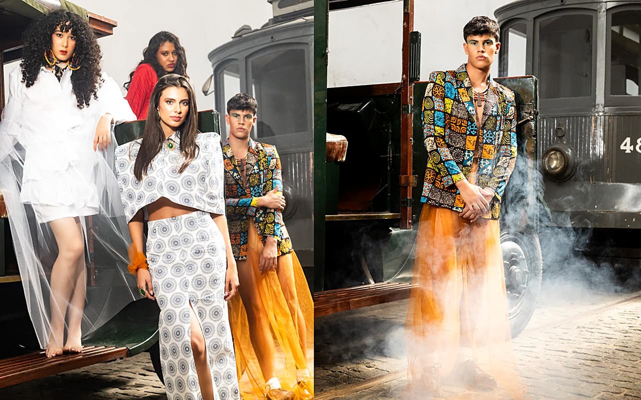 Campanha NeoDandy: quatro looks da coleção junto a um elétrico antigo