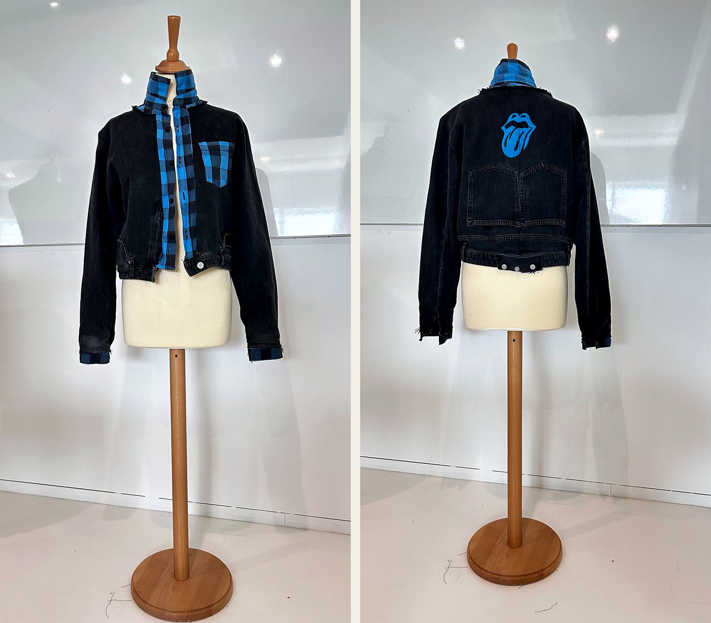 Casaco upcycled em ganga com camisa de xadrez, frente e costas, em manequim
